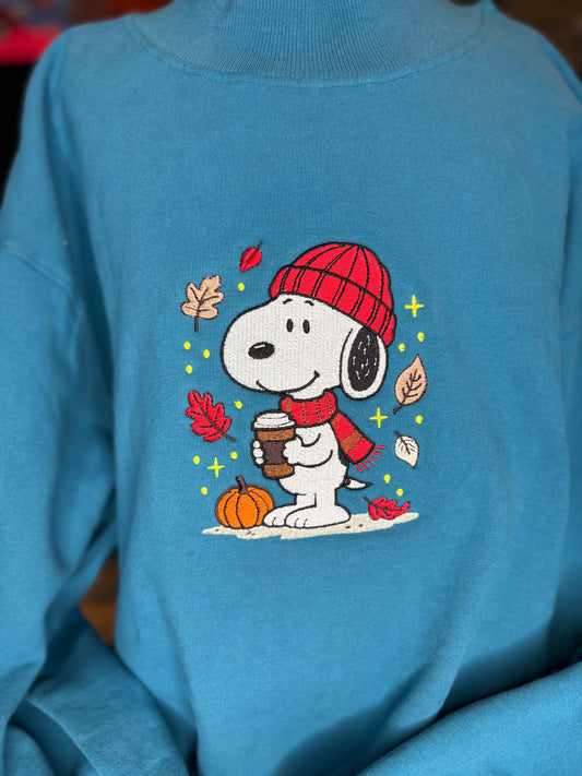 Snoopy & Woodstock Embroidered Deep Teal Mock Neck Sweatshirt | Peanuts Fall Crewneck