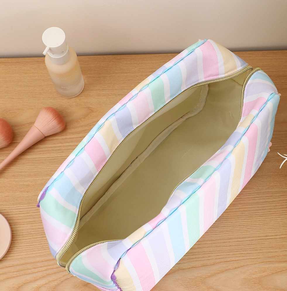 Embroidered Pastel Stripe Canvas Cosmetic Bag