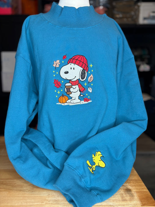 Snoopy & Woodstock Embroidered Deep Teal Mock Neck Sweatshirt | Peanuts Fall Crewneck