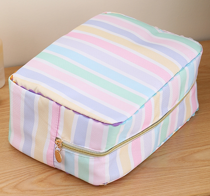 Embroidered Pastel Stripe Canvas Cosmetic Bag