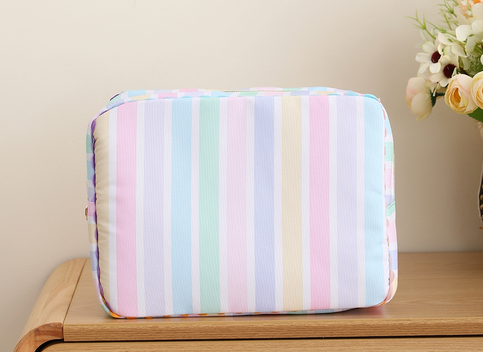 Embroidered Pastel Stripe Canvas Cosmetic Bag