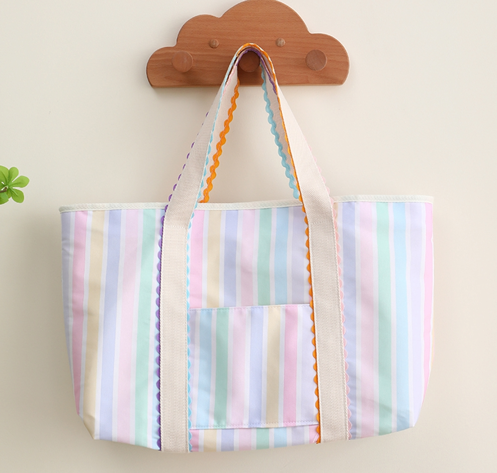 Embroidered Pastel Stripe Canvas Tote