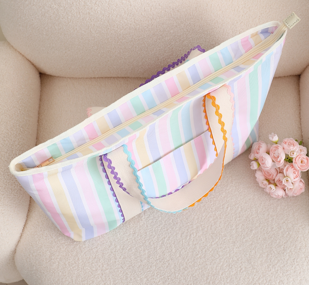 Embroidered Pastel Stripe Canvas Tote